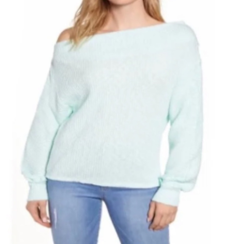 New‎ Gibson Marilyn Off the Shoulder Cozy Sweater Exposed Seams Seasalt Medium